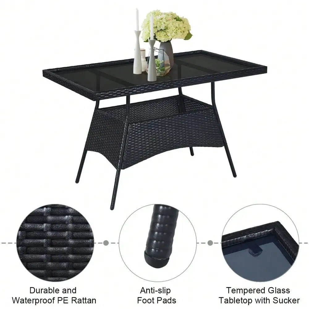“10-Piece Rattan Patio Dining Set – Outdoor Glass-Top Table with 9 Cushioned Chairs”
