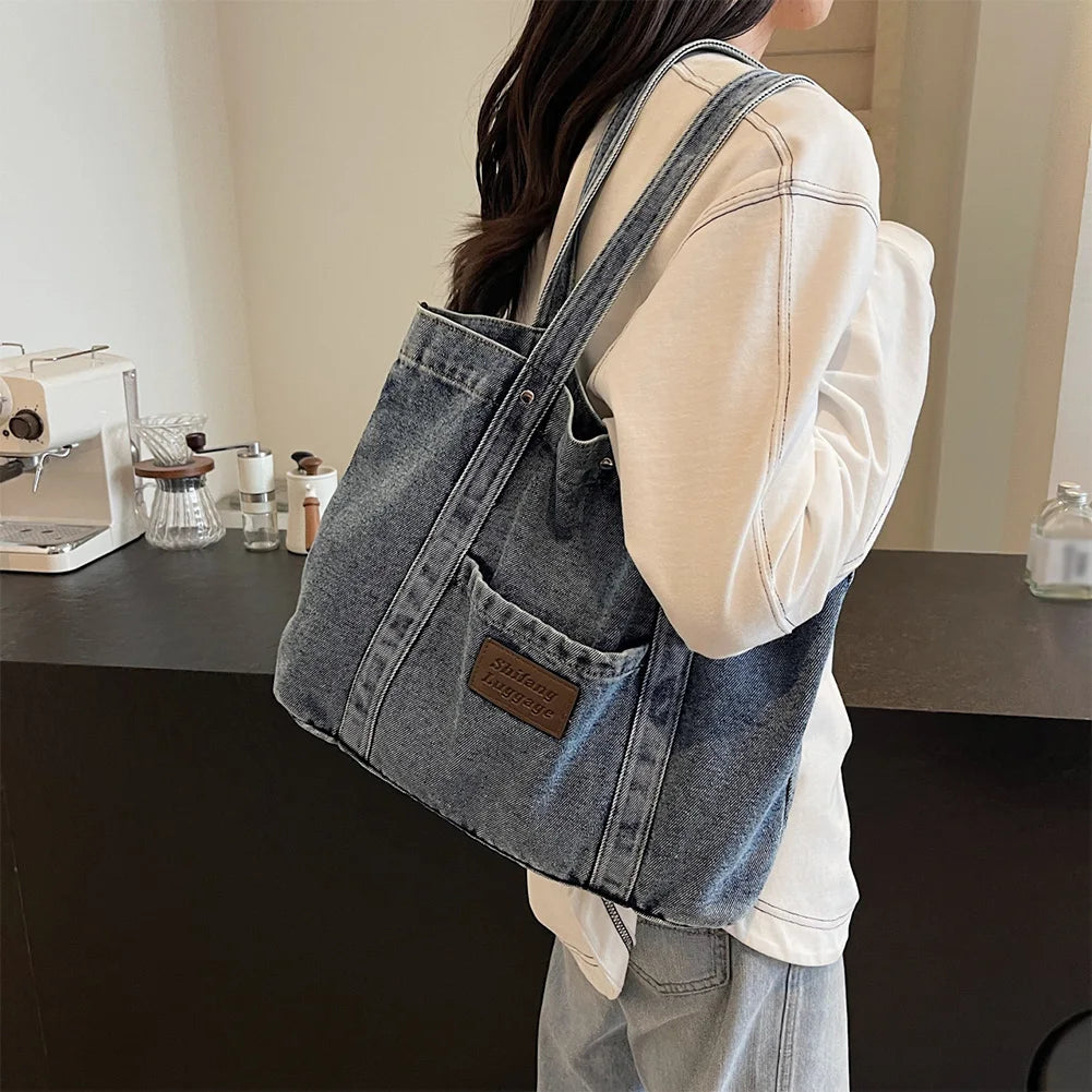 Women’s Denim Shoulder Bag – Large Capacity Stylish Tote for Work, Shopping & Travel 👜✨