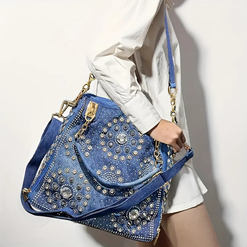 Gradient Diamond-Embellished Large Tote Bag – Elegant Floral Shoulder Bag for Women