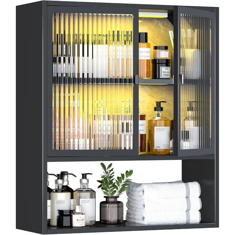 Metal Wall Cabinet with Glass Doors & LED Lights – Over-the-Toilet Space-Saving Medicine & Bathroom Storage