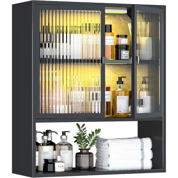 Metal Wall Cabinet with Glass Doors & LED Lights – Over-the-Toilet ...