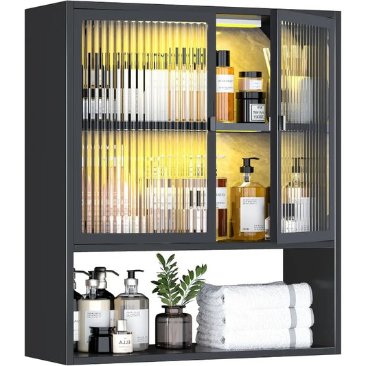 Metal Wall Cabinet with Glass Doors & LED Lights – Over-the-Toilet Space-Saving Medicine & Bathroom Storage