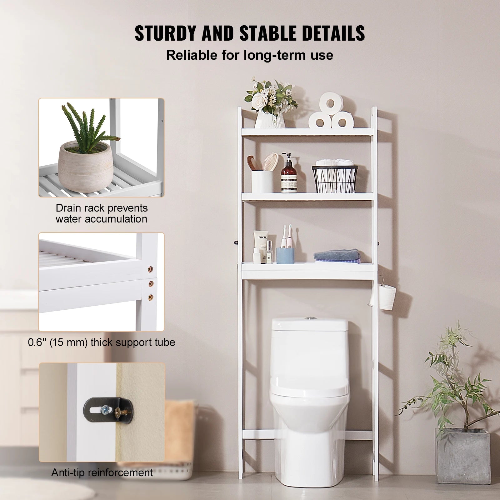VEVOR Over-the-Toilet Storage Shelf – Adjustable Bamboo Bathroom Organiser with 3 Hooks & Space Saver Rack