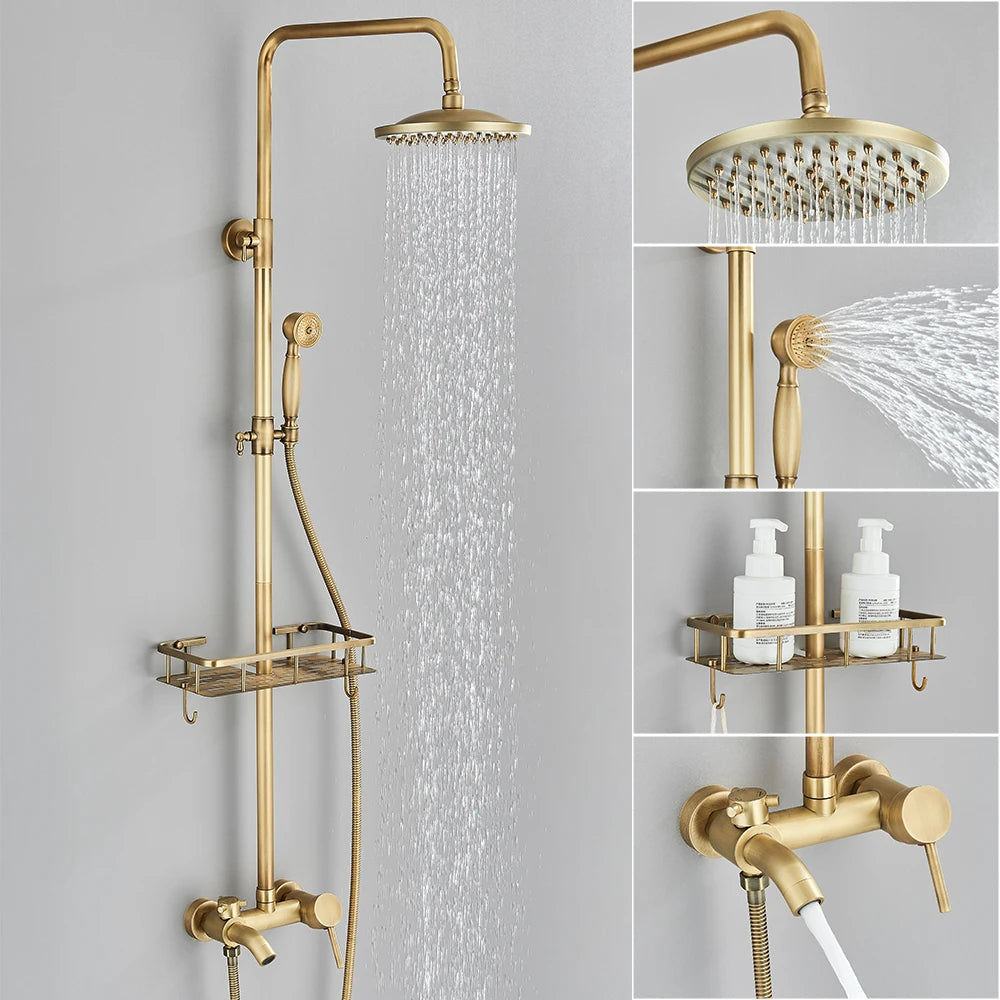 Antique Brass Shower Faucet Set – Wall-Mounted Rainfall Head with Dual Handles Hot & Cold Mixer Tap