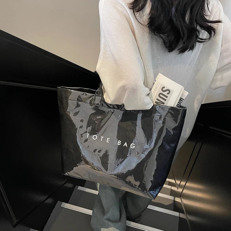 Women’s PVC simple tote handbag – large-capacity waterproof fashion shoulder bag, versatile purse for shopping, work, travel & daily use