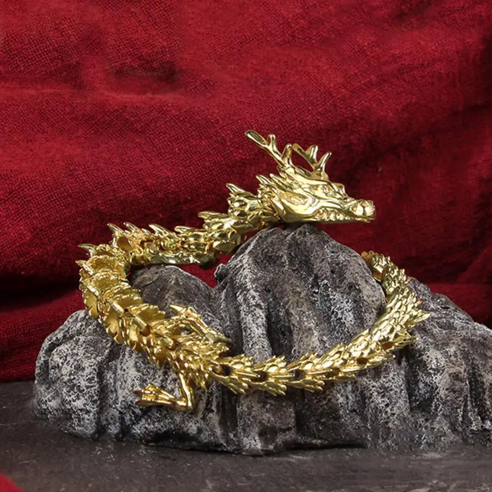 3D Printed Chinese Dragon Figurine – Movable Articulated Golden Loong Model for Desk Display & Home Decoration