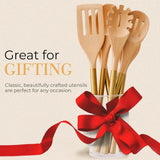 Premium 6-Piece Wooden Cooking Utensil Set with Gold Stainless Steel Handles – Stylish & Nonstick Safe