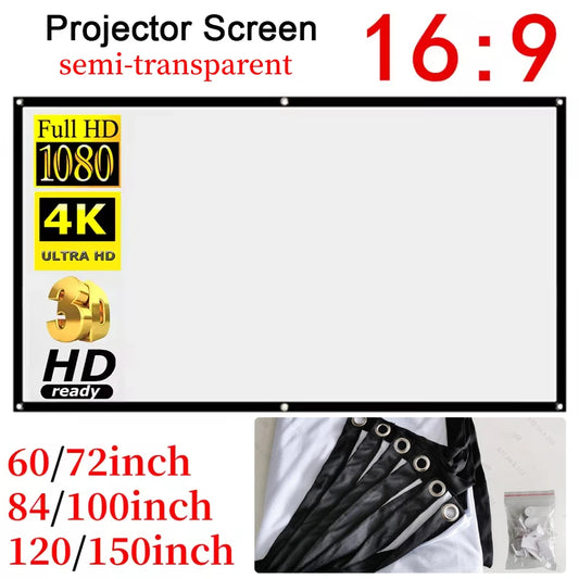 16:9 High-Density Translucent Portable Projection Screen – 60–150″ HD/3D/4K Ready for Home & Office
