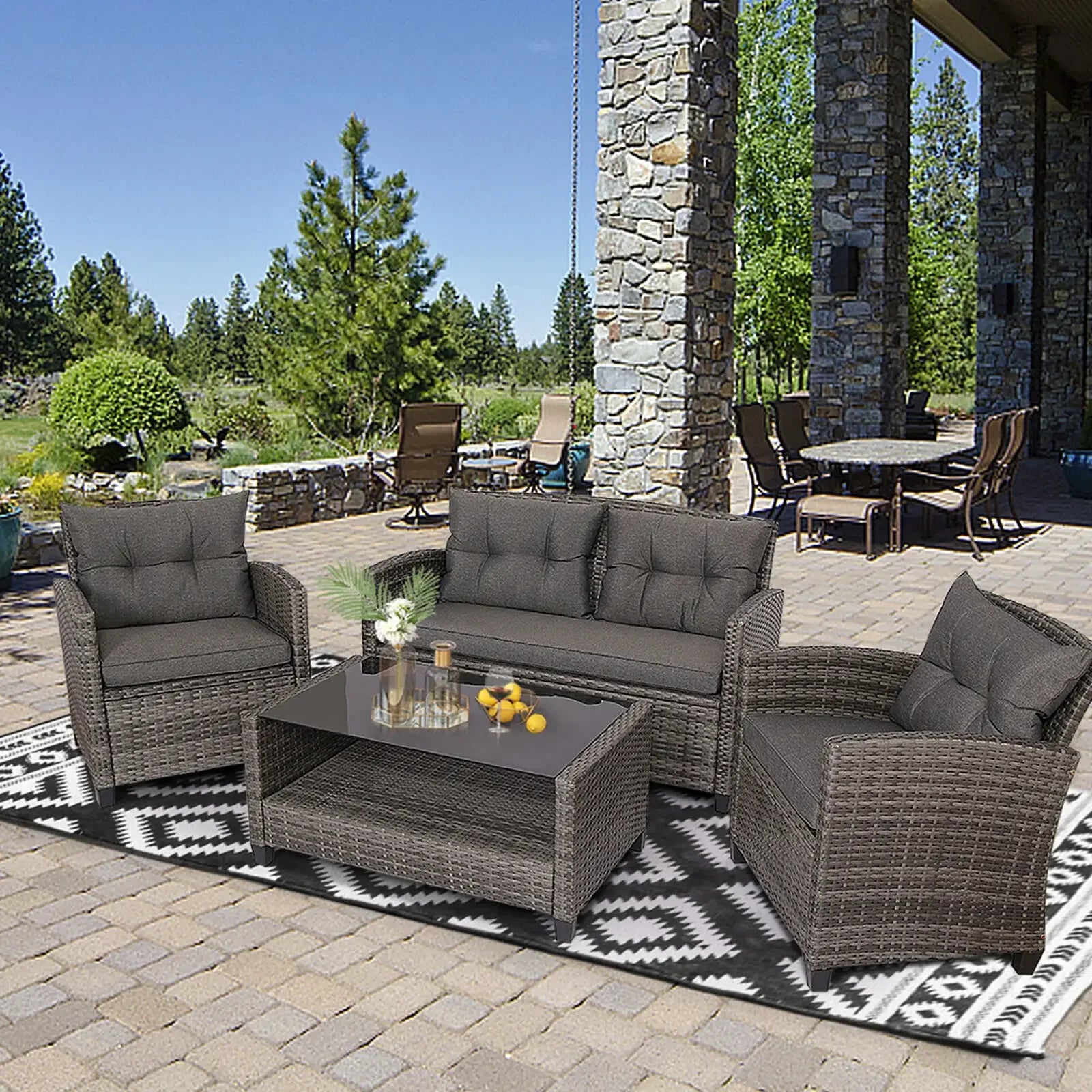 “4-Piece Rattan Patio Conversation Set – Outdoor Furniture with Cushioned Loveseat, 2 Chairs & Coffee Table”