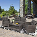 “4-Piece Rattan Patio Conversation Set – Outdoor Furniture with Cushioned Loveseat, 2 Chairs & Coffee Table”