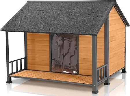 Outdoor Weatherproof Dog House – Fir Wood & Iron Frame Shelter for Large Breeds (Easy Assembly)