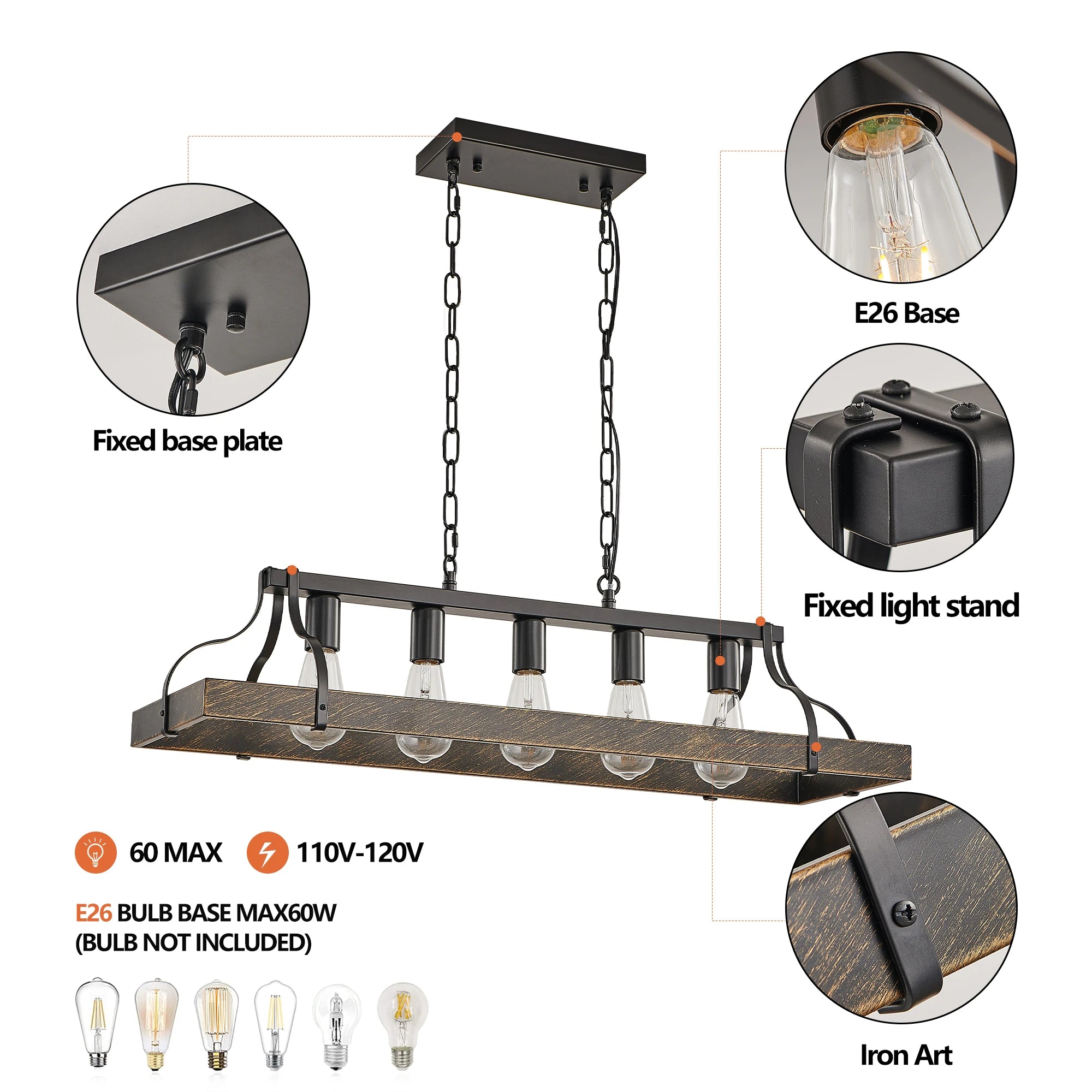 Black & Gold Vintage Pendant Chandelier with 5 Bulbs – Adjustable Height Industrial Hanging Light for Dining & Living Rooms
