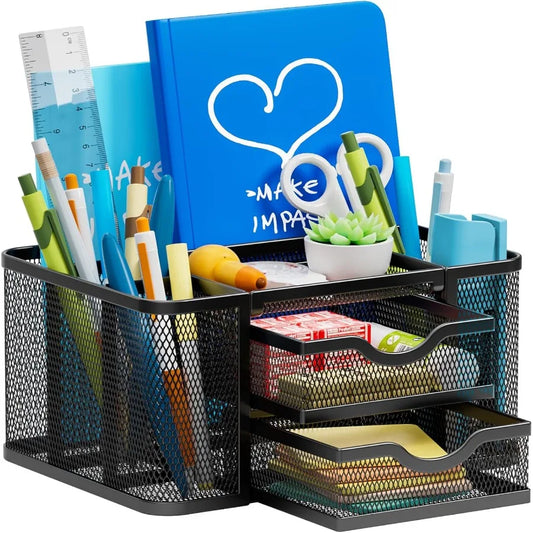 Mesh Desk Organizer with Two Drawers – 5 Compartments, Desktop Pen & Pencil Caddy
