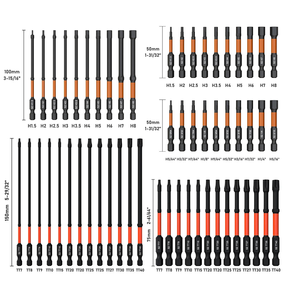 Impact Torx & Hex Bit Set – 3" & 6" T7–T40 Torx + H1.5–H8 Hex with CNC-Machined Tips