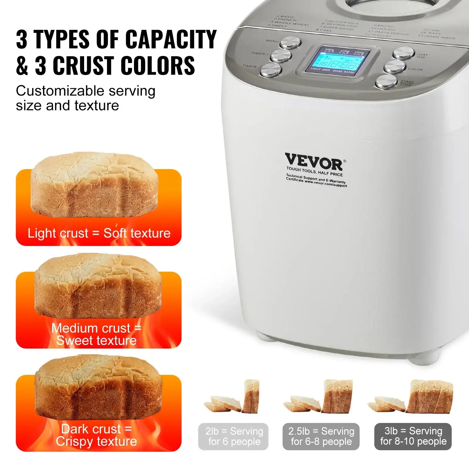 VEVOR 3 lb Bread Maker – 15-in-1 Dough Machine with Non-Stick Ceramic Pan & Gluten-Free Setting 🍞