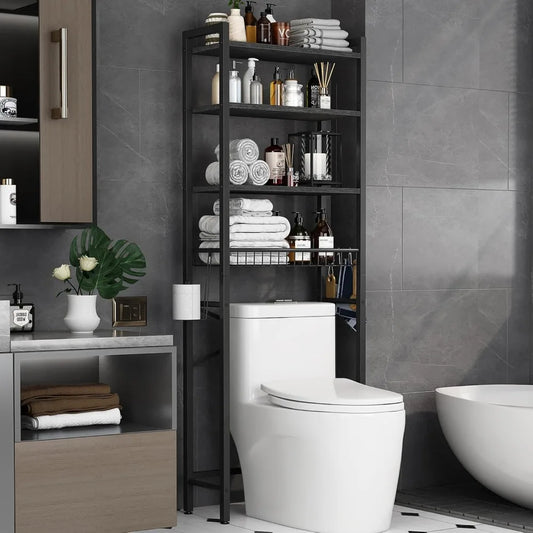 4-Tier Over-the-Toilet Storage Rack – Freestanding Bathroom Organizer with Adjustable Shelves & Basket
