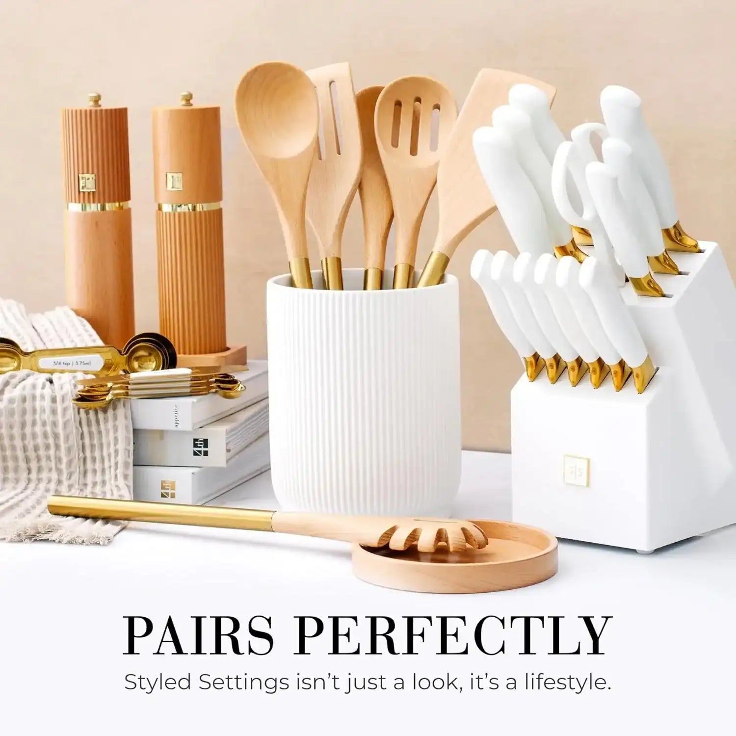 Premium 6-Piece Wooden Cooking Utensil Set with Gold Stainless Steel Handles – Stylish & Nonstick Safe