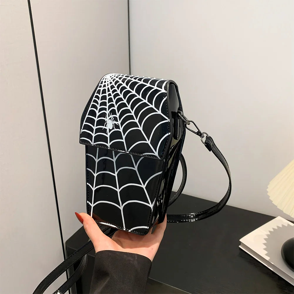 Women’s Gothic Coffin Shoulder Bag – Spider Web PU Leather Crossbody with Adjustable Strap for Halloween & Cosplay
