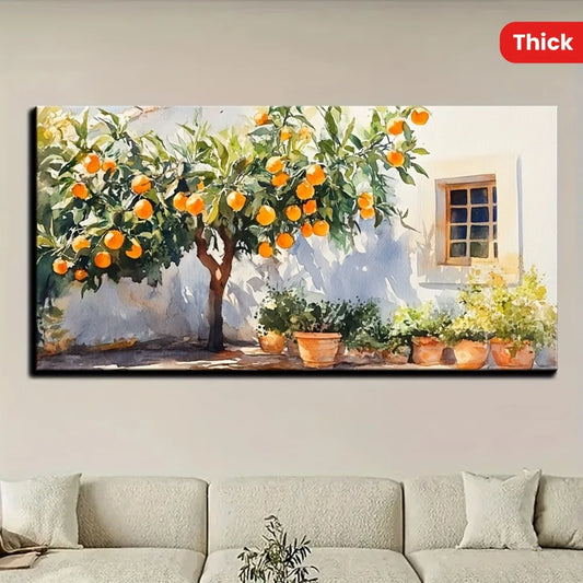 Vintage Orange Tree & Door Wall Art – Rustic Cottage Still Life Painting on Solid Pine Wood Frame