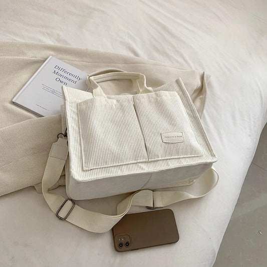 Women’s casual corduroy tote handbag – multi-pocket hobo bag with solid color design, travel shoulder bag for daily & office use