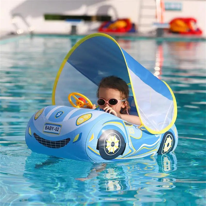Baby Swim Float for 1-Year-Old – Sports Car Shape Inflatable Ring with Steering Wheel & Sunshade