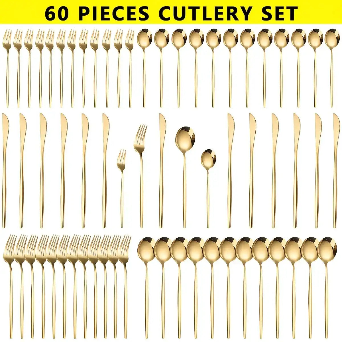 Luxe Golden 60-Piece Stainless Steel Cutlery Set – Mirror Polished Flatware in Gift Box