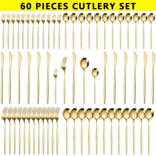 Luxe Golden 60-Piece Stainless Steel Cutlery Set – Mirror Polished Flatware in Gift Box