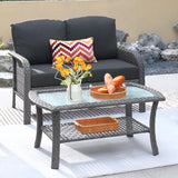 “2-Piece Patio Furniture Set – Outdoor Wicker Loveseat Sofa with High Back & Glass Coffee Table, All-Weather Rattan”