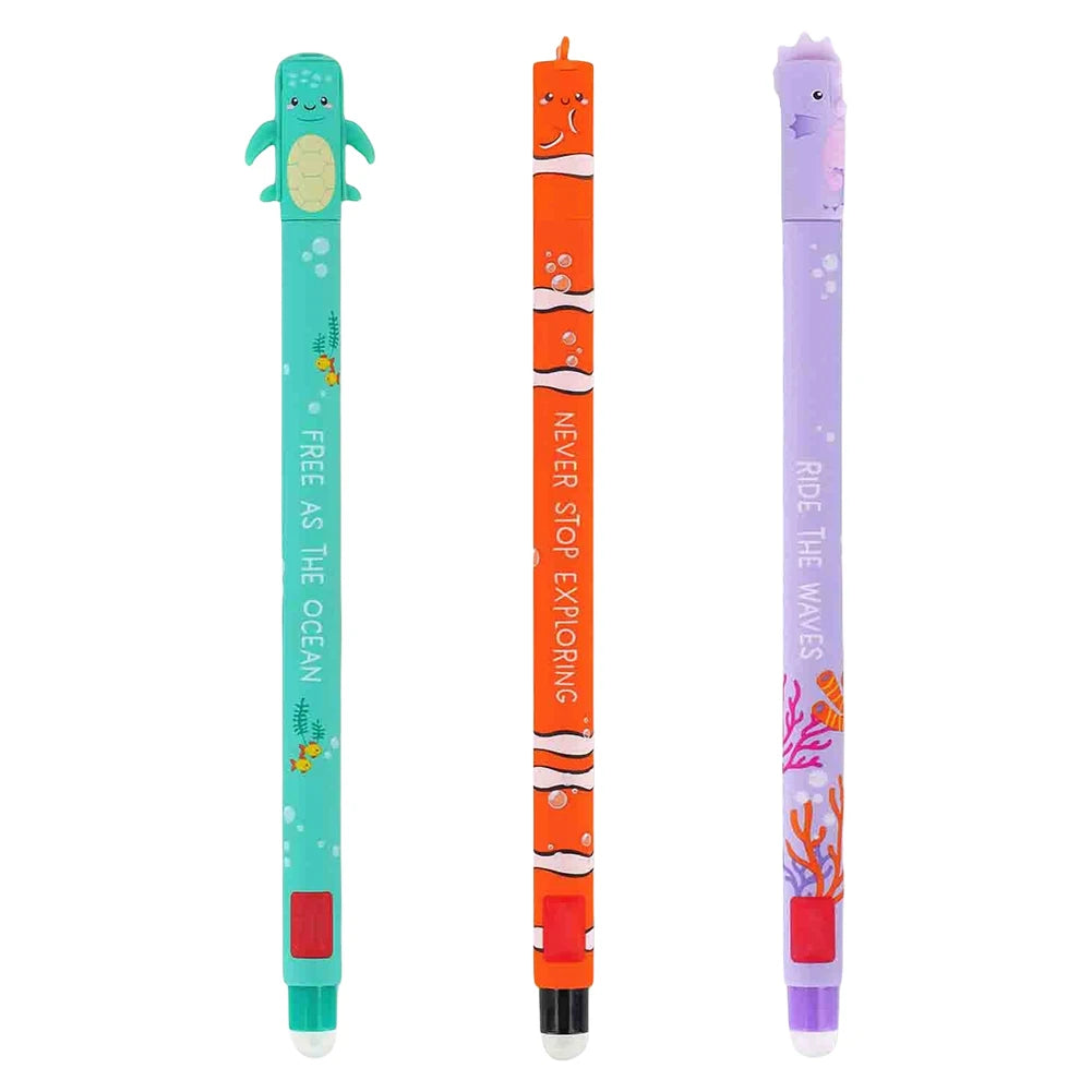 Sea Friends 3-Piece Erasable Gel Pen Set – 0.7 mm Sea Horse, Clown Fish & Sea Turtle Kids Stationery