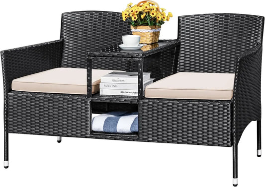 “Outdoor Patio Loveseat – Modern Rattan 2-Seat Conversation Set with Cushions & Built-in Coffee Table for Garden & Porch”