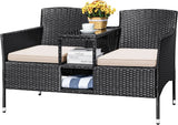 “Outdoor Patio Loveseat – Modern Rattan 2-Seat Conversation Set with Cushions & Built-in Coffee Table for Garden & Porch”