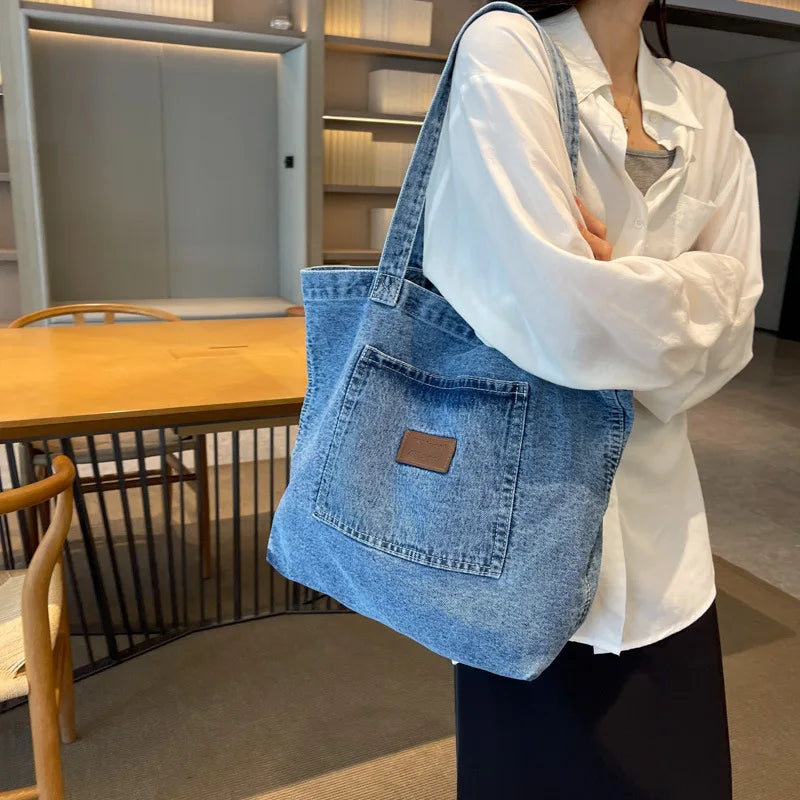 Women’s Large Capacity Denim Tote Bag – Solid Colour Casual Shopping Handbag
