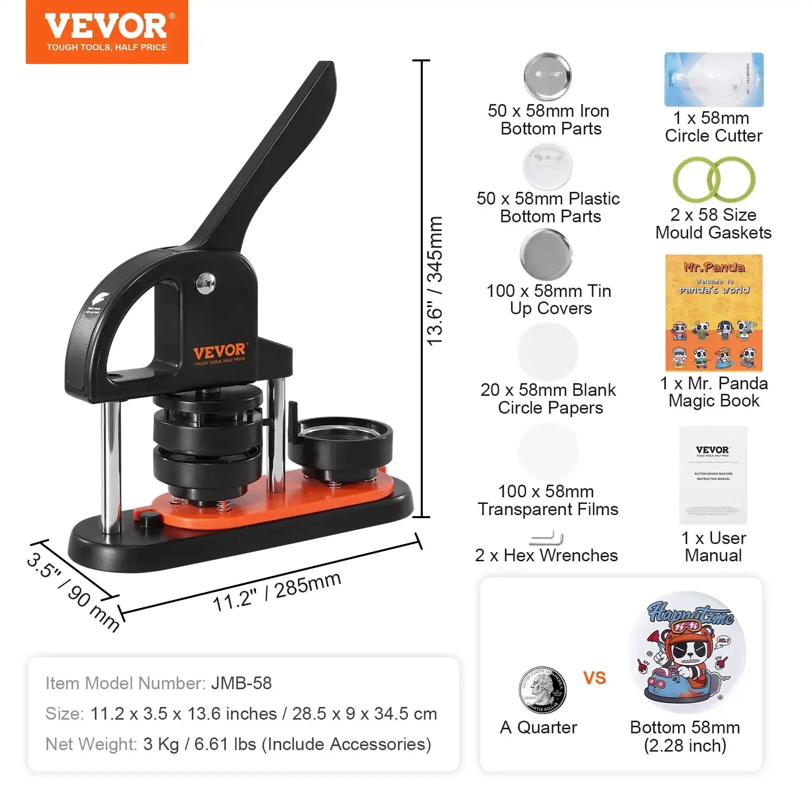 Vevor Button Maker Machine – 25/32/58mm Pin Badge Maker with Button Parts & Ergonomic Arc Handle, DIY Punch Press Kit