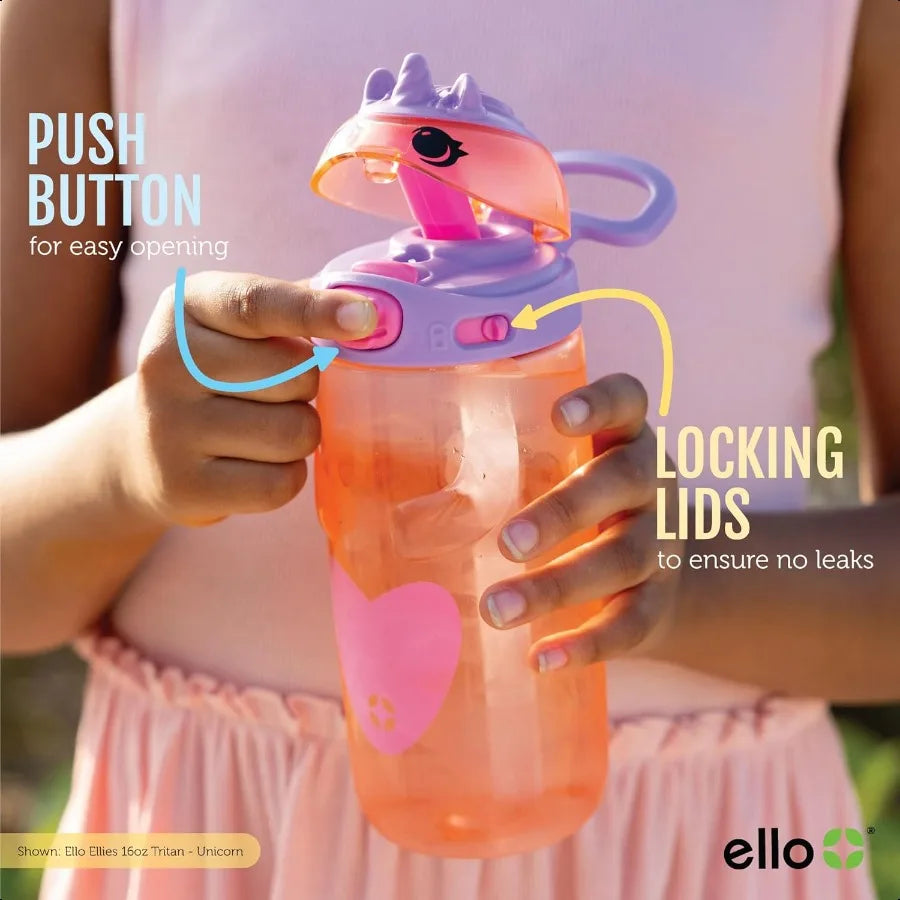 Ellies 16 oz Tritan Kids Water Bottle – Straw Lid, Carrying Handle & Leak-Proof Design for School & Lunchbox