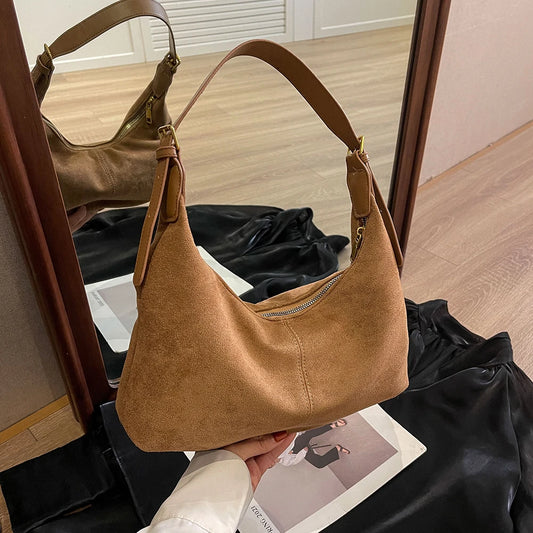 Women’s Vintage Suede Crescent Hobo Bag – Luxury Designer Shoulder Purse, Casual Crossbody Handbag & Retro Clutch