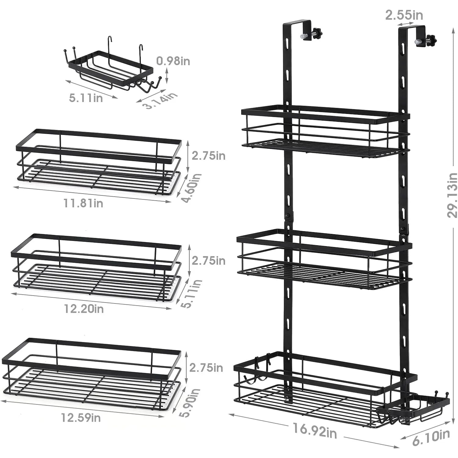 Over-Door Adjustable Rustproof Shower Caddy – Black Wall/door Mounted Organizer with Shelves & Hooks