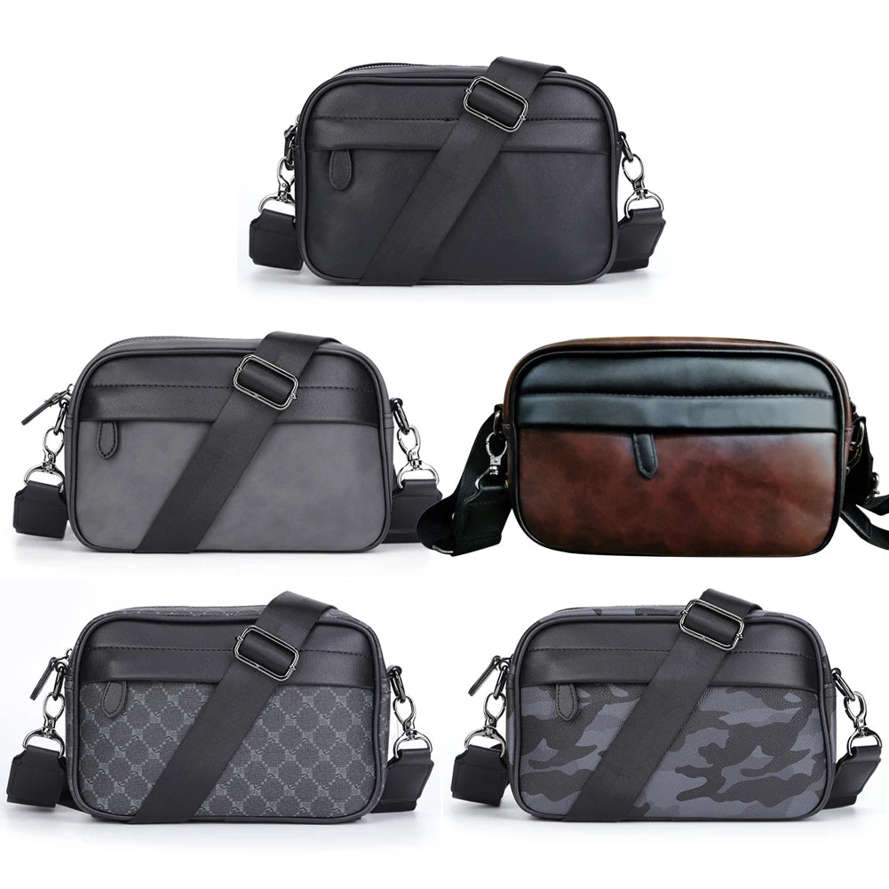 Men’s Leather Crossbody Shoulder Bag – Classic Pattern Small Square Satchel with Wide Strap for Casual, Business, Travel & Work