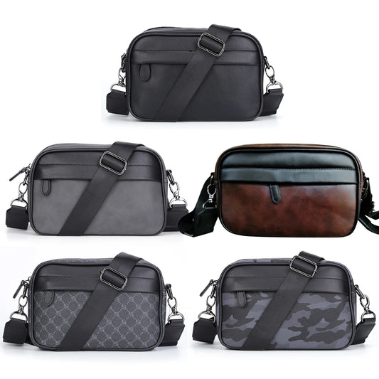 Men’s Leather Crossbody Shoulder Bag – Classic Pattern Small Square Satchel with Wide Strap for Casual, Business, Travel & Work