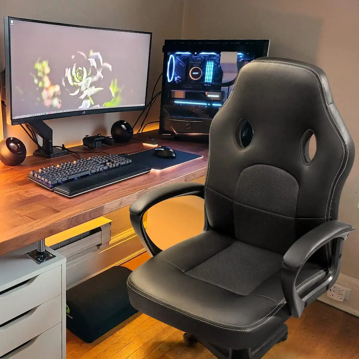 High-Back Leather Gaming Chair – 300 lbs Swivel Task Chair with Arms