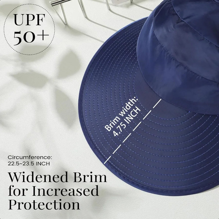 Women’s Wide Brim Sun Hat – UV Protection Beach Hat with Packable Ponytail Visor for Summer Travel