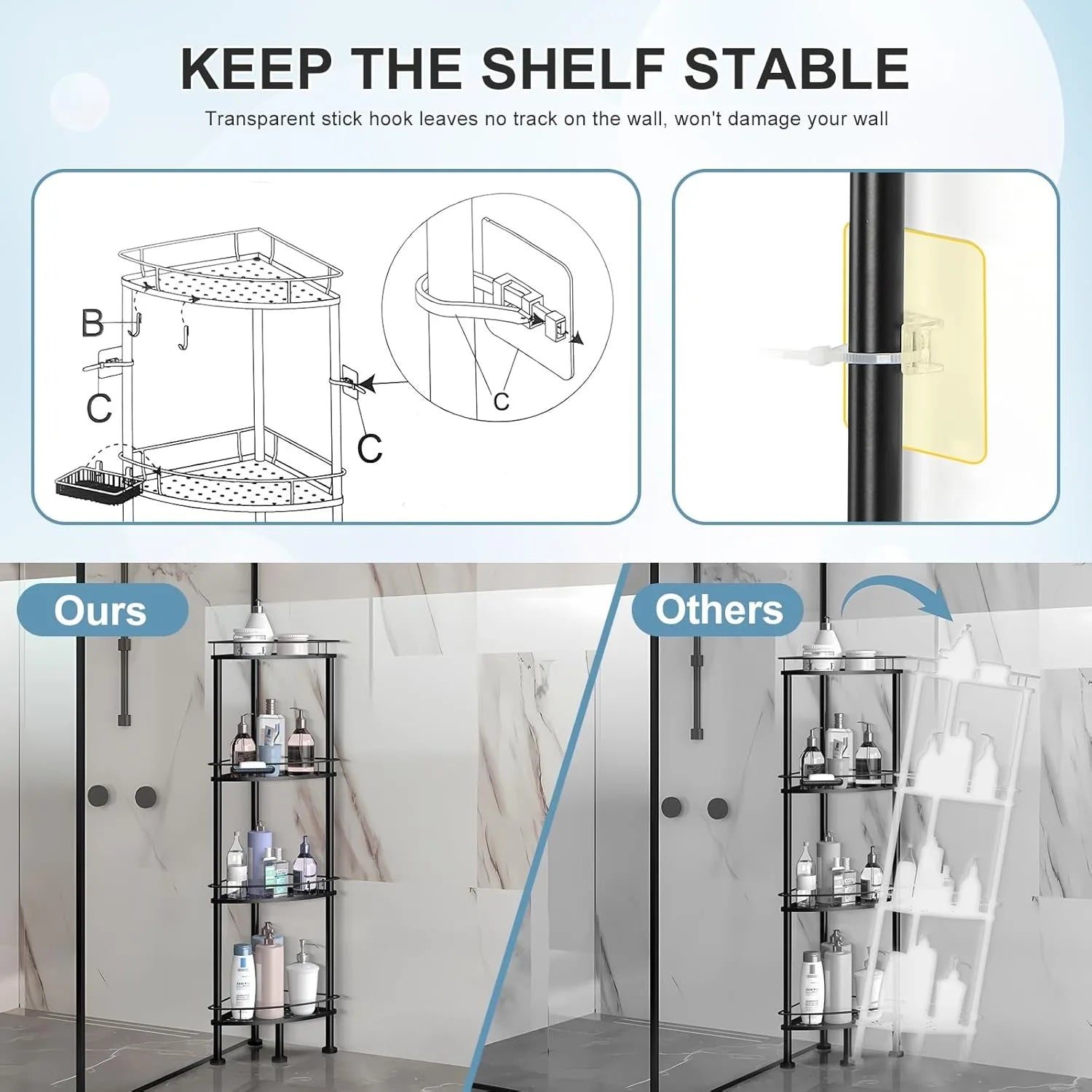 4-Tier Corner Shower Caddy Organizer – Rust-Resistant Metal Bathroom Shelf with Soap Holder & 4 Hooks