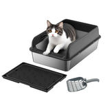 Stainless Steel Cat Litter Box – High-Sided Pan for Large Cats, Double-Layer Mat & Scoop Included