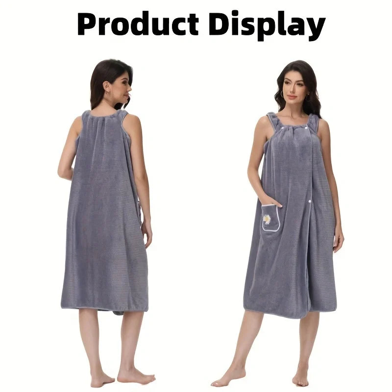 Luxurious Daisy Pattern Bath Towel Robe – Super Soft Wearable Absorbent Wrap with Pocket | Elegant Non-Shedding Bathroom Towel