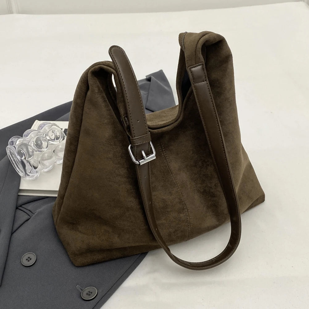 Women’s Suede Shoulder Crossbody Bag – Large-Capacity Vintage Tote Satchel with Adjustable Strap, Solid Color Casual Purse