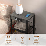 Bedside Table with Charging Station – 3-Tier Nightstand with USB Ports & Power Outlets, Side Table with Storage Rack for Bedroom & Living Room