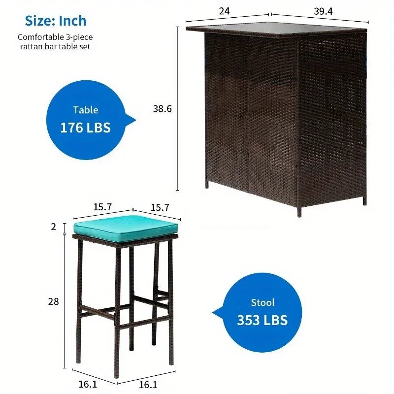 “3-Piece Outdoor Bar Set – Wicker Counter-Height Table with 2 Stools & Solid Frame for Patio, Terrace & Balcony”