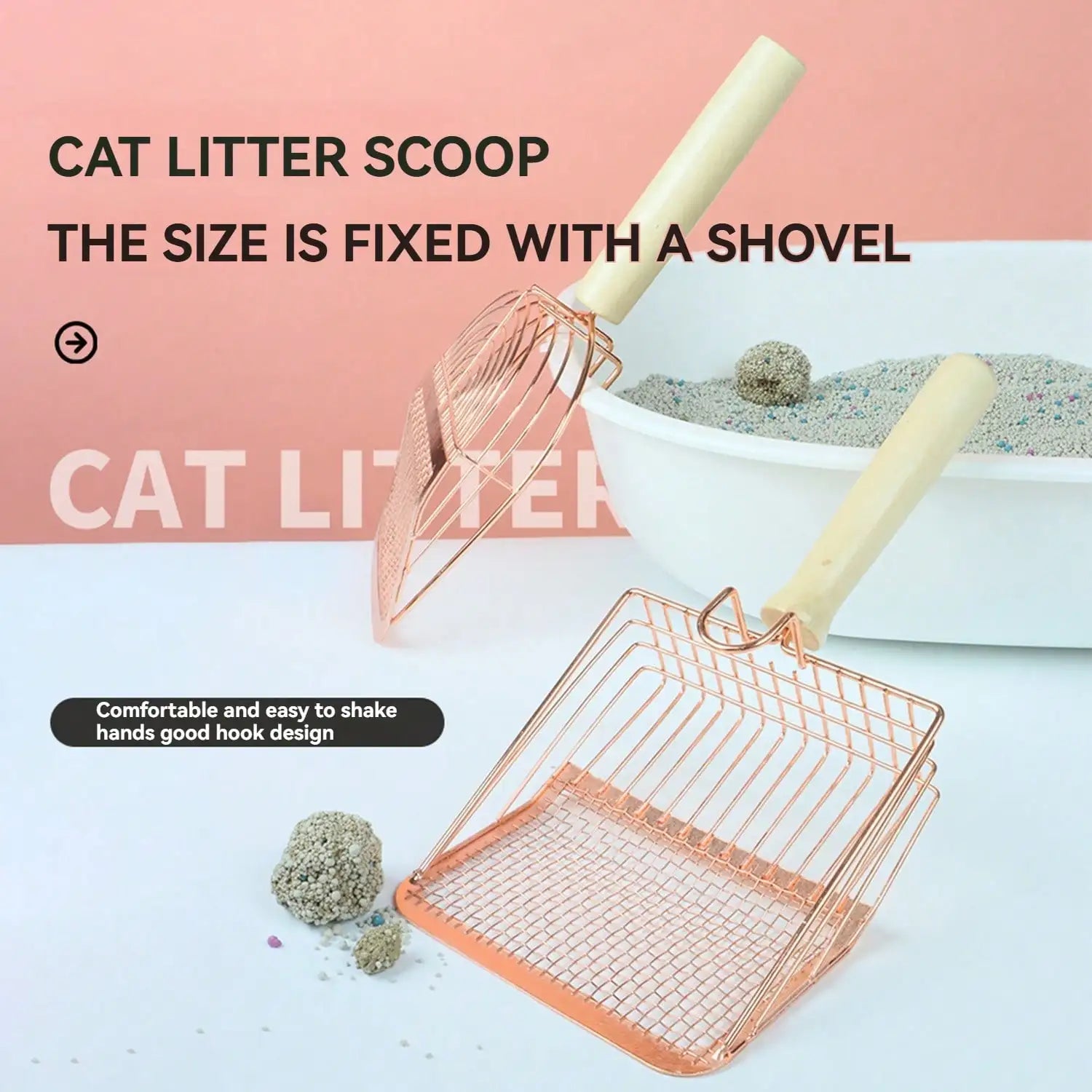Fast Sifting Stainless Steel Cat Litter Scoop with Ergonomic Wood Handle & Stand – Deep Clean, Mess-Free