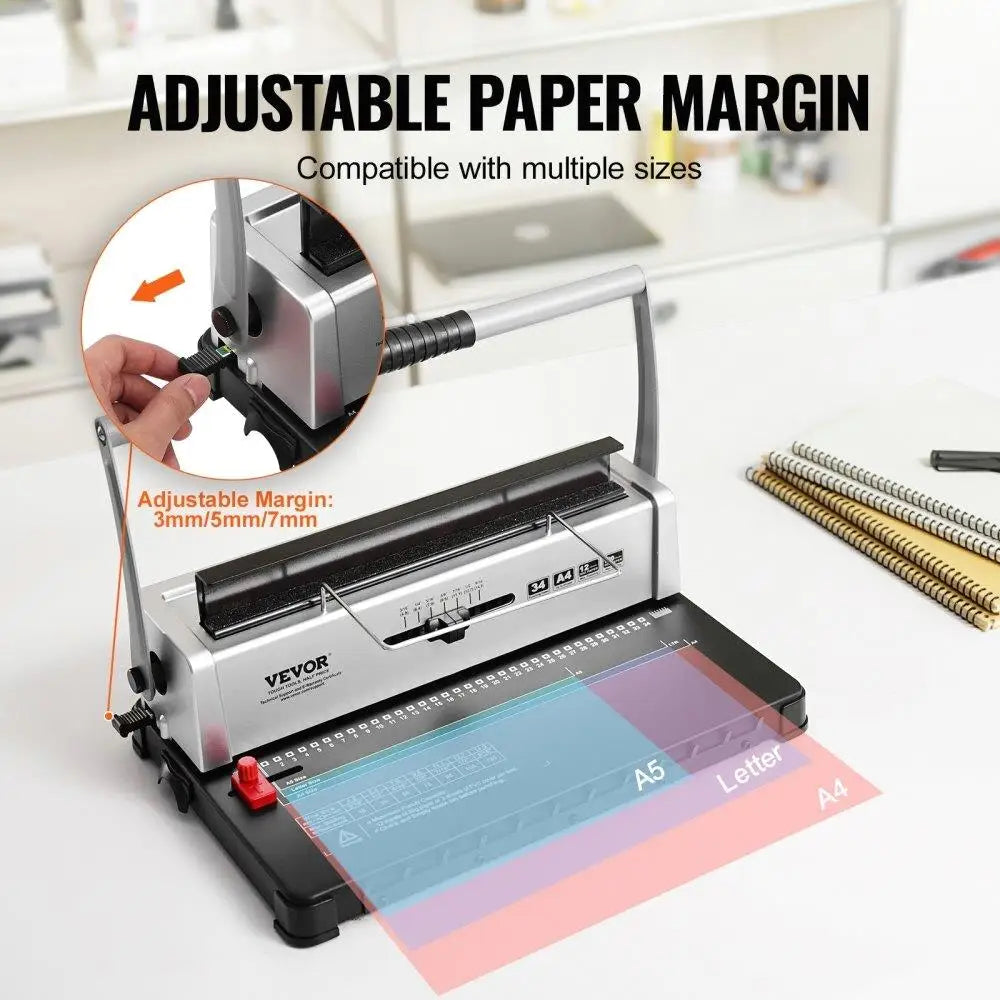 34-Hole Coil Spiral Binding Machine – Adjustable Letter/A4/A5 Punch & Bind System with 120-Sheet Capacity