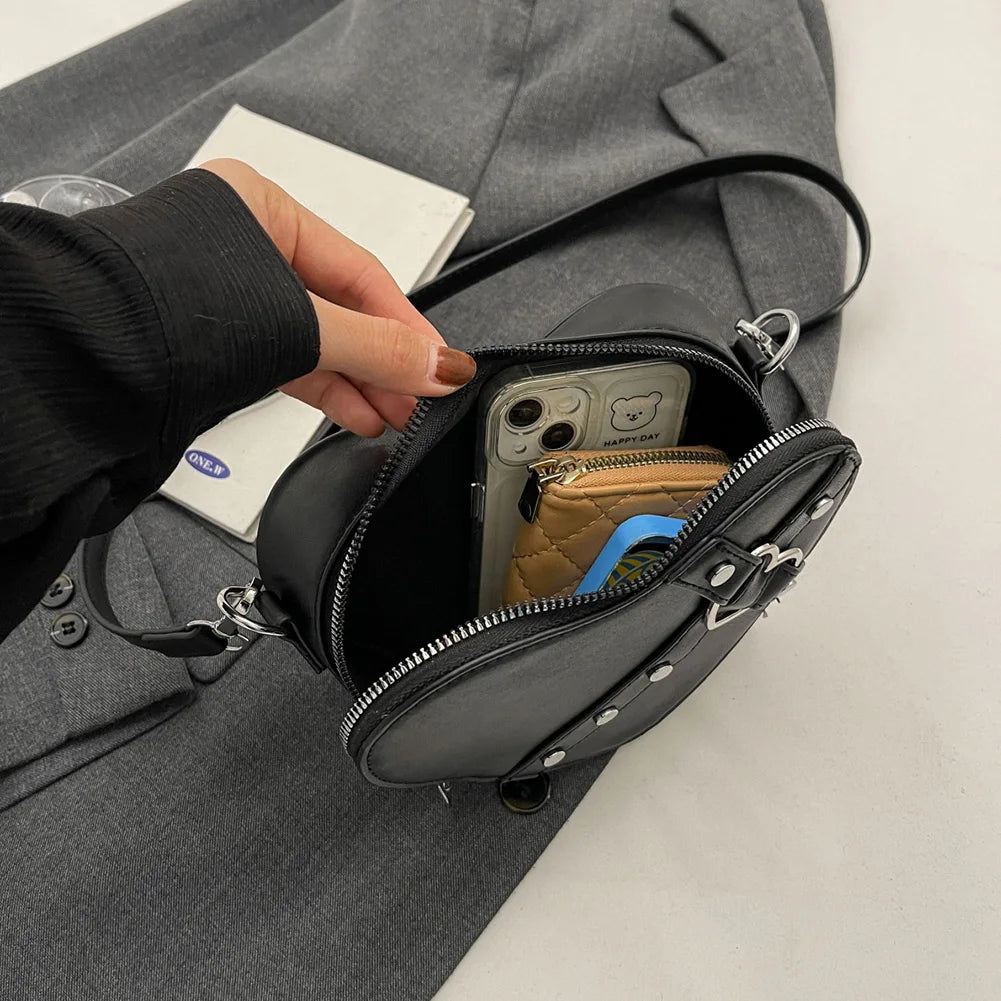 Heart Rivet PU Leather Satchel Bag – Small Heart Rivet Design, Adjustable Strap, Solid Colour Women’s Dating Bag