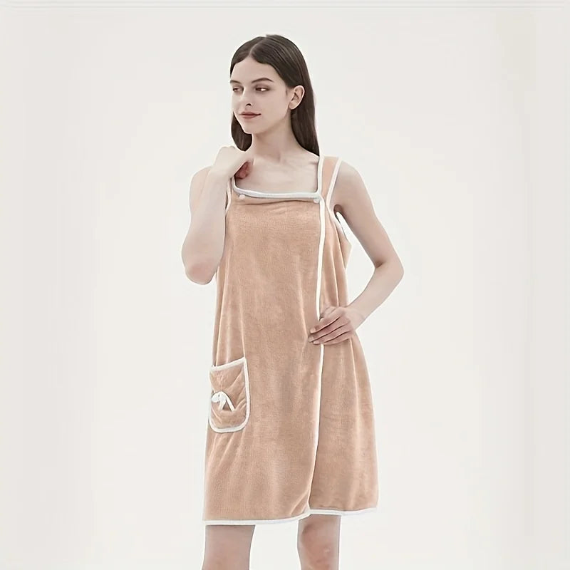 Wearable Coral Velvet Bath Towel – Soft Quick-Dry Bath Dress with Pockets & Bow Design | Absorbent Spa Robe for Women